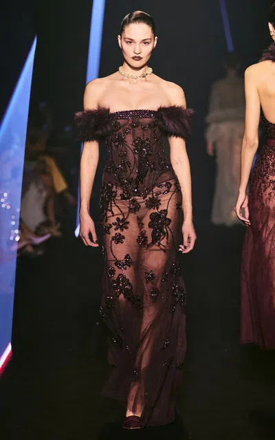 Georges Hobeika Off-the-shoulder Floral Appliqued Dress In Burgundy