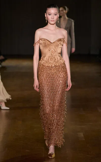 Georges Hobeika Off-the-shoulder Embellished Maxi Dress In Brown