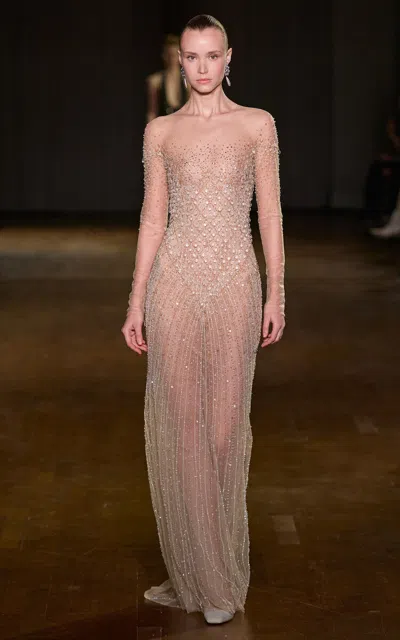 Georges Hobeika Off-the-shoulder Embellished Maxi Dress In Brown