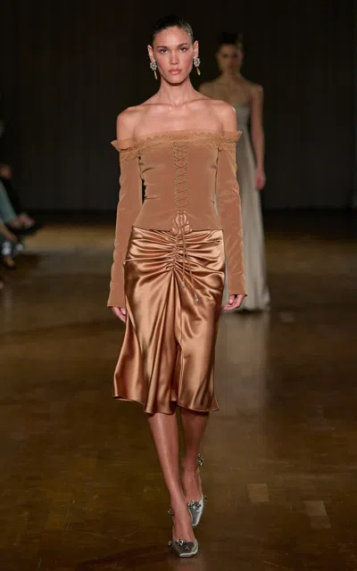 Georges Hobeika Off-the-shoulder Lace Trim Top In Brown