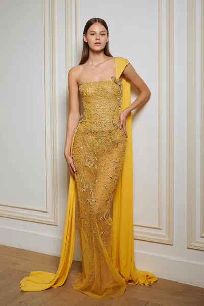 Georges Hobeika One Draped Shoulder Gown In Yellow