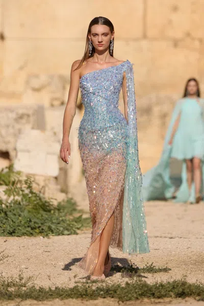 Georges Hobeika One-shoulder Dress With Shawl In Multi