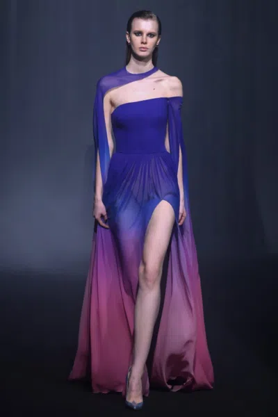Georges Hobeika One Shoulder Printed Georgette Gown With Shawl In Multi