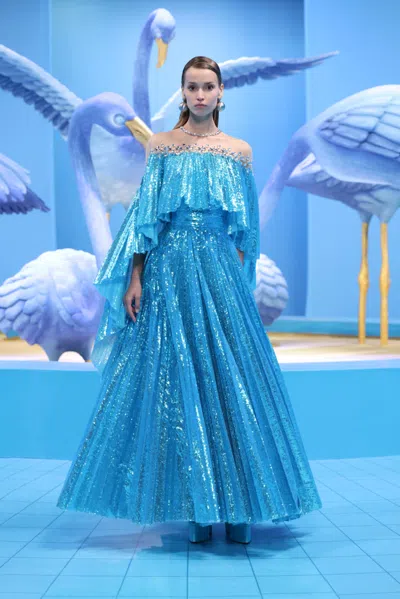 georges hobeika blue dress Draped Georgette Dress with Daring Plunging Neckline by georges hobeika –  Elilhaam main image 0