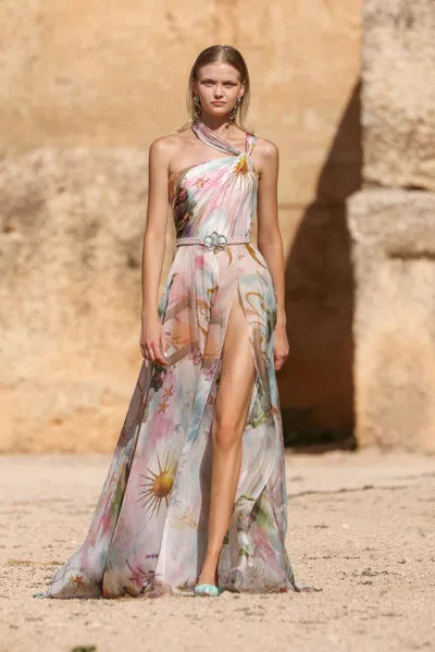 Georges Hobeika Printed Draped Bodice Dress In Multi