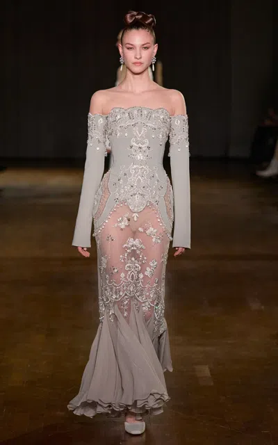 Georges Hobeika Ruffle Embellished Maxi Dress In Gray