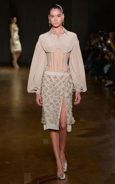 Georges Hobeika Ruffled Sheer Top In Neutral