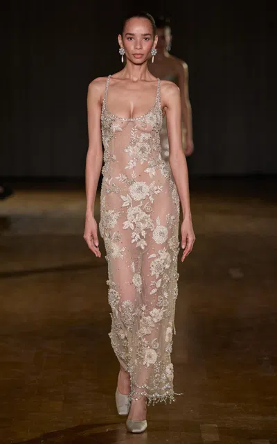 Georges Hobeika Scoop Neck Embellished Maxi Dress In Gold