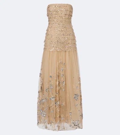 Georges Hobeika Sequined Tiered Tulle Bustier Gown In Neutral