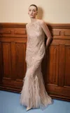 Georges Hobeika Sheer Feather-trimmed Silk-blend Evening Gown In Brown