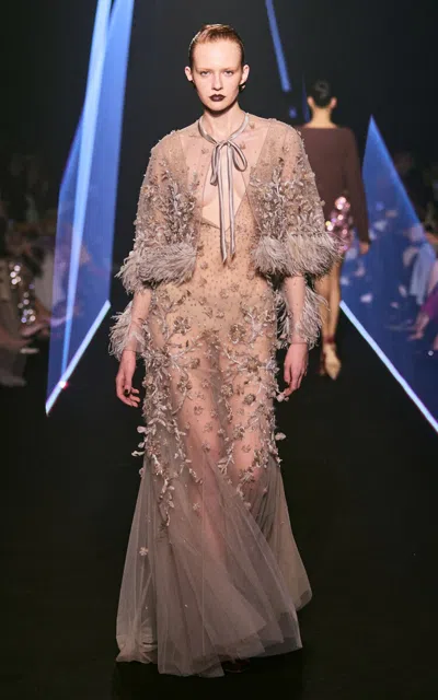 Georges Hobeika Sheer Feathered Dress In Grey
