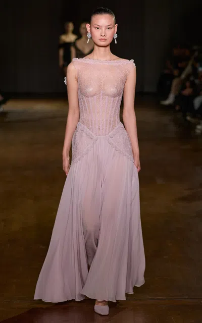 Georges Hobeika Sheer Ruffled Maxi Dress In Pink