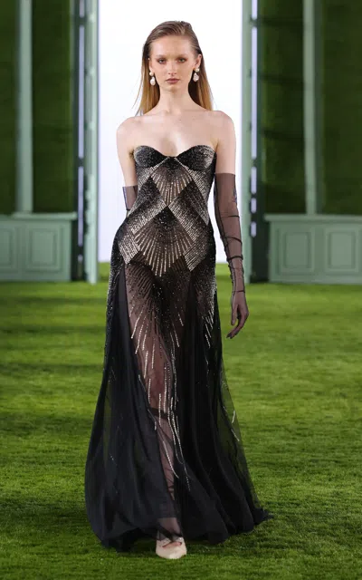 Georges Hobeika Strapless Embellished Georgette Maxi Dress In Black