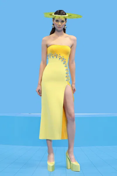 Georges Hobeika Strapless Slit Midi Dress In Yellow