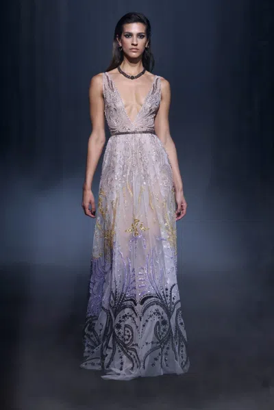 Georges Hobeika Tulle Beaded Gown With Deep V-neck In Multi