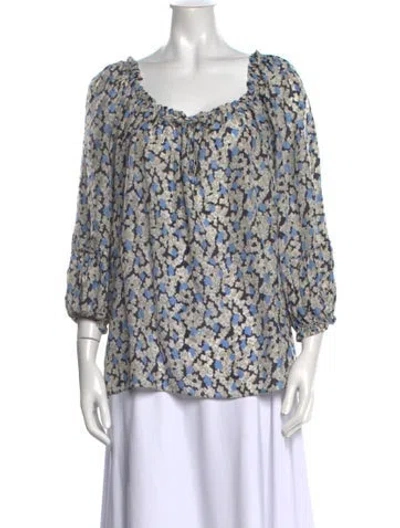 Pre-owned Georges Rech Silk Floral Print Blouse In Blue