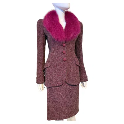 Pre-owned Georges Rech Vintage  Wool Skirt Suit With Fox Fur Collar In Brown