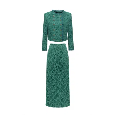 Georgette Emerald Green Lace Cropped Jacket & Midi Skirt Set