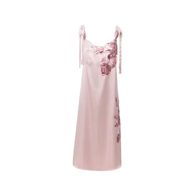 Georgette Women's Blush Pink Satin Slip Midi Dress With Floral Appliqué
