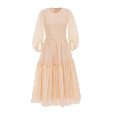 Georgette Women's Neutrals Soft Beige Feminine Midi Dress With Puff Sleeves