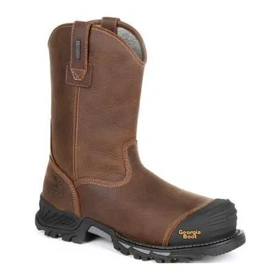 Pre-owned Georgia Boot Men's 10" Rumbler Composite Toe Waterproof Pull-on Work Boot Black/ In Brown