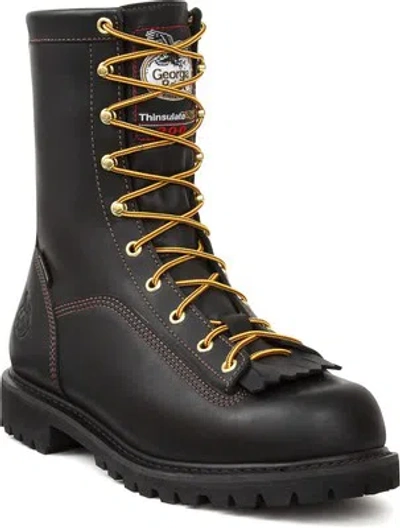 Pre-owned Georgia Boots Georgia Mens Black Leather Insulated 8in Low Heel Logger Boots