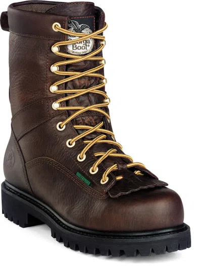 Pre-owned Georgia Boots Georgia Mens Chocolate Leather Waterproof Low Heel Logger Boots In Brown