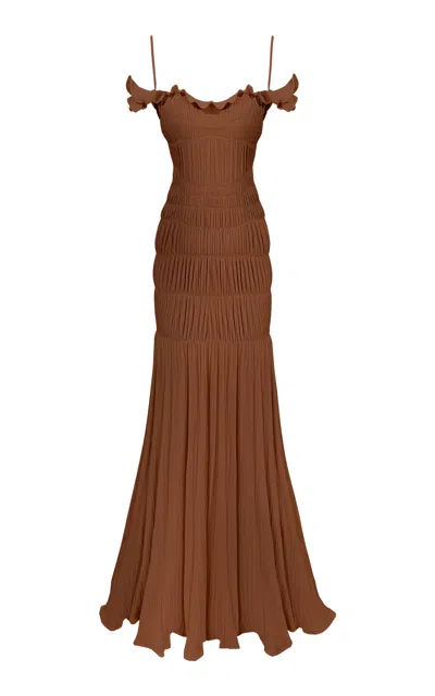 Georgia Hardinge Harlow Shirred Plissé Jersey Maxi Dress In Brown