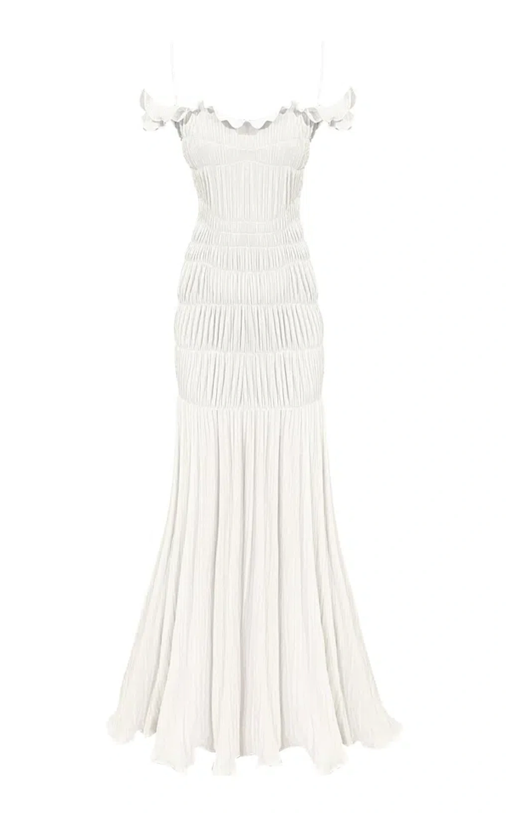 georgia hardinge exclusive opal ruffled plissé jersey maxi dress Harlow Shirred In Ivory milo_MEMDAY23