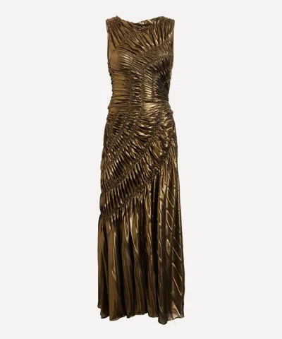 Georgia Hardinge Women's Dark Gold Fossil Pleated Metallic Dress