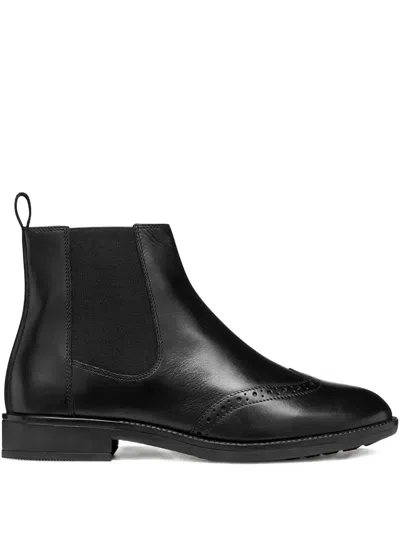 Geox Brogue-detail Leather Boots In Black