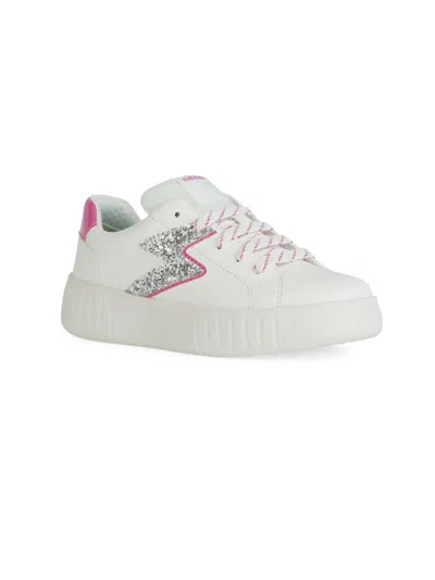 Geox Girl's Mikiroshi Glitter-accented Low-top Trainers In White Fuchsia
