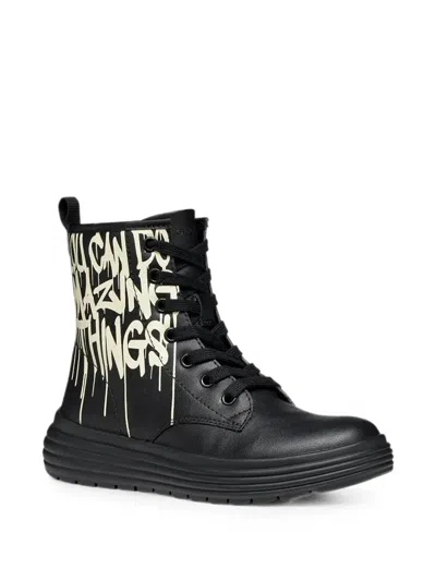 Geox Kids' Phaolae Slogan-print Lace-up Boots In Black