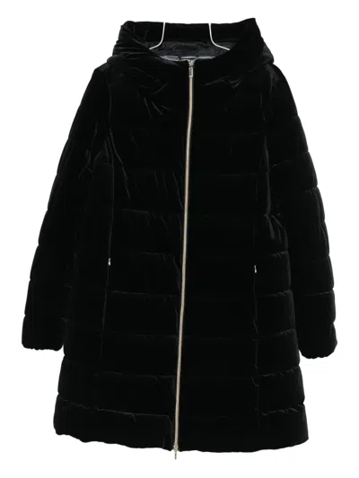 Geox Quilted Velvet Hooded Coat In Black