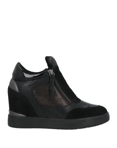 Geox Woman Sneakers Black Size 10 Leather, Textile Fibers