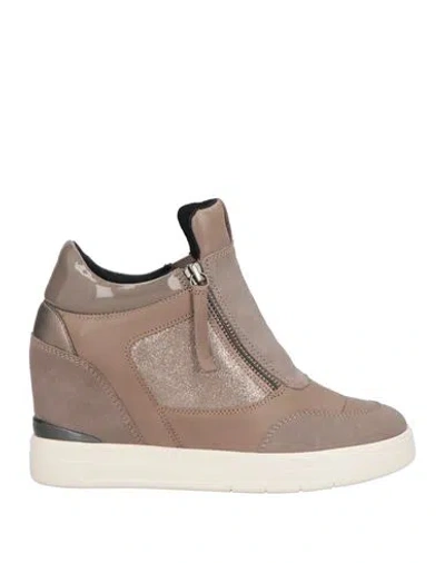 Geox Woman Sneakers Taupe Size 10 Leather, Textile Fibers In Grey