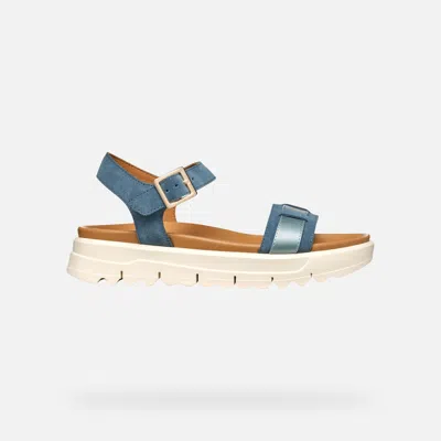 Geox Woman Sandals Slate Blue Size 8 Leather, Textile Fibers In Avio