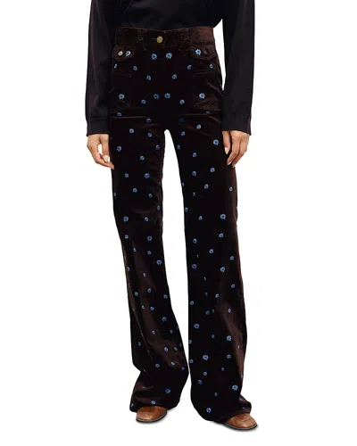 Gerard Darel Anna Floral Embroidered Velvet Trousers In Brown