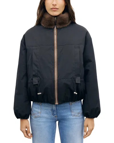 Gerard Darel Aurora Faux Fur Trim Jacket In Blue