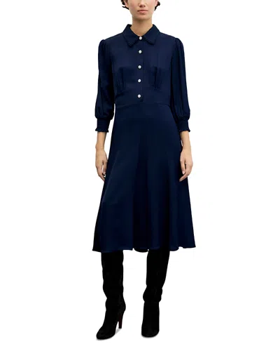 Gerard Darel Ciel Smocked Cuff Collared Dress In Blue