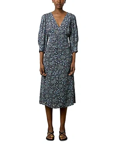 Gerard Darel Estelle Paisley Ruched Front Dress In Navy