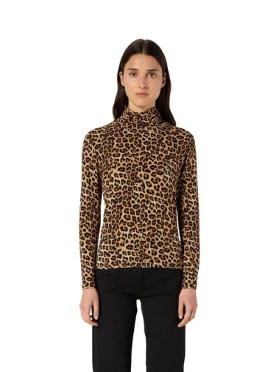 Gerard Darel Helene Long Sleeve Printed Roll Neck Top In Brown