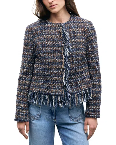 Gerard Darel Joya Fringe Trim Snap Front Jacket In Blue