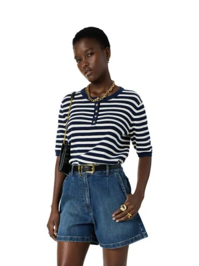 Gerard Darel Laina Short Sleeve Button Neck Knit Top In Black