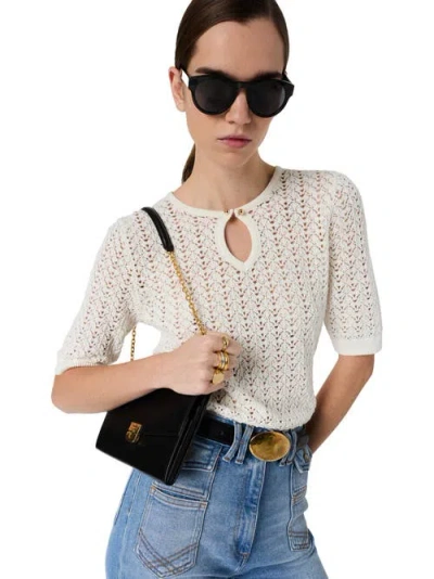 Gerard Darel Lazare Keyhole Neck Crochet Knit Sweater In White