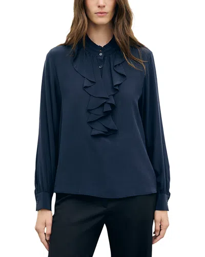 Gerard Darel Loan Silk Ruffle Front Top In Blue