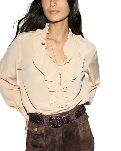 Gerard Darel Loan Silk Ruffle Front Top In Metallic