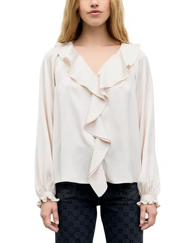 Gerard Darel Lori Ruffle Neck Long Sleeve Blouse In Neutral