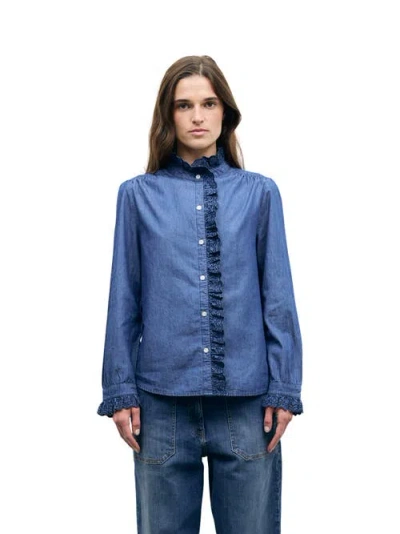 Gerard Darel Loupy High Neck Lace Trim Shirt In Blue