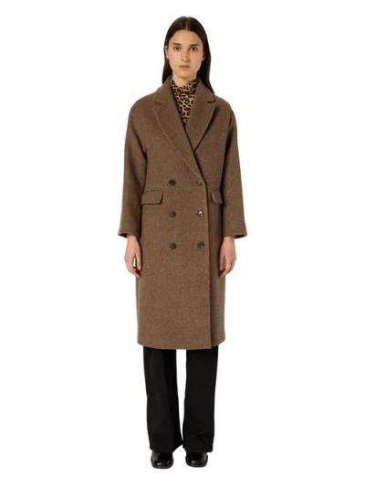 Gerard Darel Mady Double-breasted Midi Length Coat In Brown